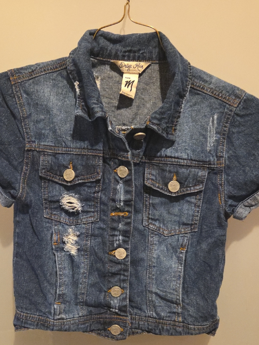 Denim Short Sleeve Distressed Jacket - Blue